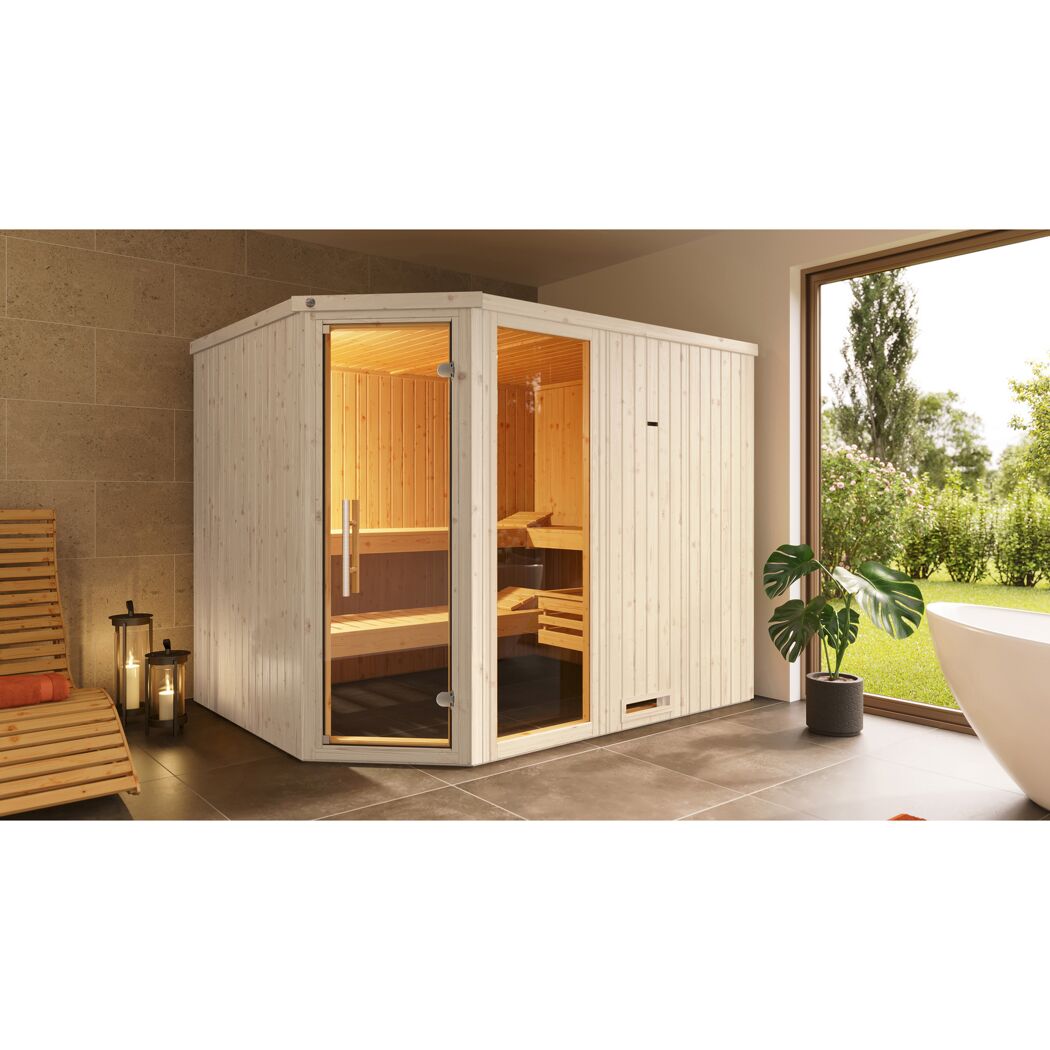 Elementsauna 'Varberg 4 Eck' weiß lasiert Glastür Fenster 244 x 194 x 199 cm, ohne Ofen