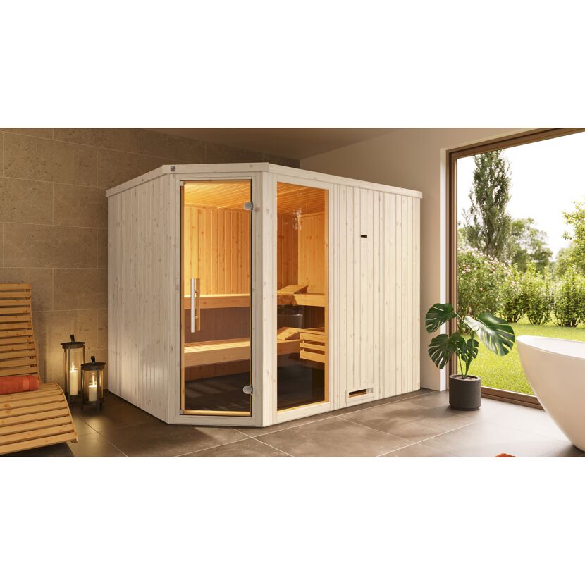 Elementsauna 'Varberg 4 Eck' weiß lasiert Glastür Fenster 244 x 194 x 199 cm, ohne Ofen