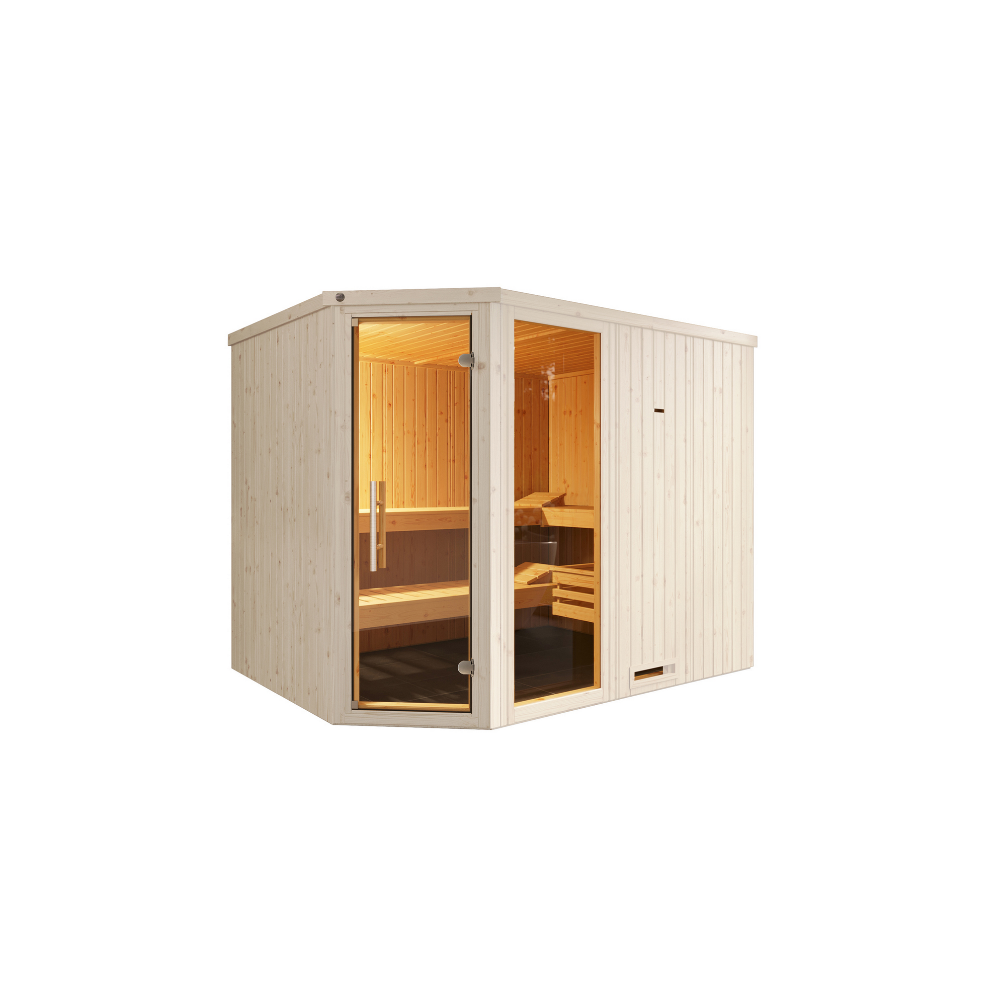 Elementsauna 'Varberg 4 Eck' weiß lasiert Glastür Fenster 244 x 194 x 199 cm, ohne Ofen