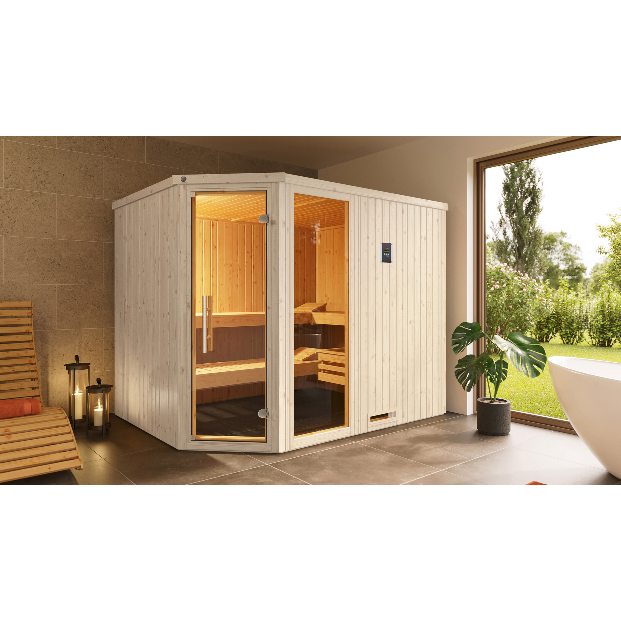 Elementsauna 'Varberg 4 Eck' weiß lasiert 7,5 kW OS-Ofen mit Steuerung Glastür, Fenster 244 x 194 x 199 cm