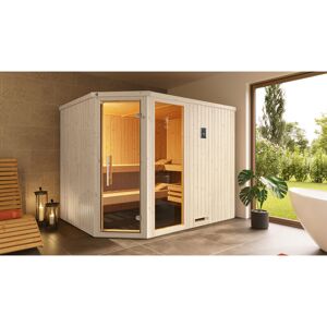 Elementsauna 'Varberg 4 Eck' weiß lasiert 7,5 kW OS-Ofen mit Steuerung Glastür, Fenster 244 x 194 x 199 cm