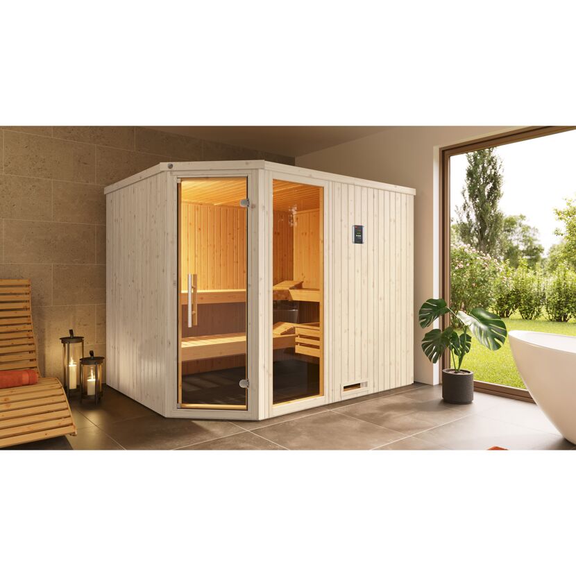 Elementsauna Varberg 4 Eck' weiß lasiert 7,5 kW BioS-Ofen mit Steuerung Glastür Fenster 244 x 194 x 199 cm
