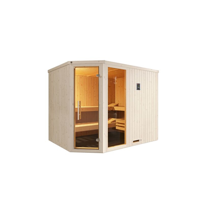 Elementsauna Varberg 4 Eck' weiß lasiert 7,5 kW BioS-Ofen mit Steuerung Glastür Fenster 244 x 194 x 199 cm