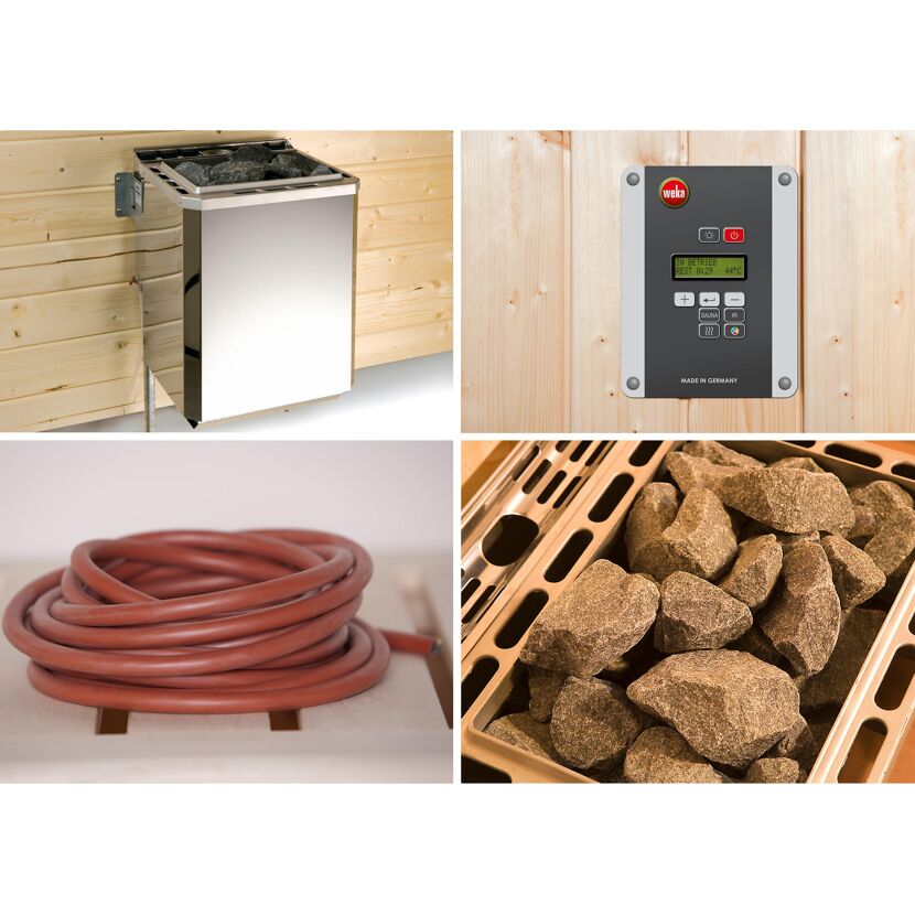 Elementsauna Varberg 4 Eck' weiß lasiert 7,5 kW BioS-Ofen mit Steuerung Glastür Fenster 244 x 194 x 199 cm