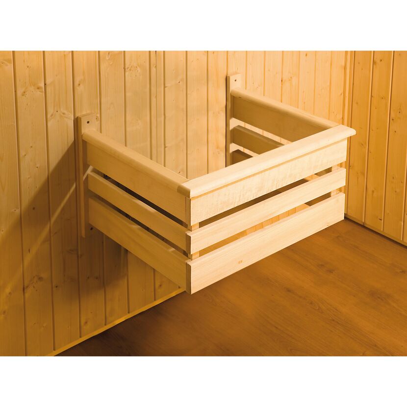 Elementsauna Varberg 4 Eck' weiß lasiert 7,5 kW BioS-Ofen mit Steuerung Glastür Fenster 244 x 194 x 199 cm