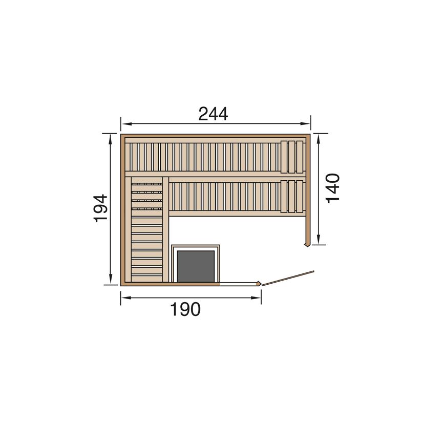 Elementsauna Varberg 4 Eck' weiß lasiert 7,5 kW BioS-Ofen mit Steuerung Glastür Fenster 244 x 194 x 199 cm