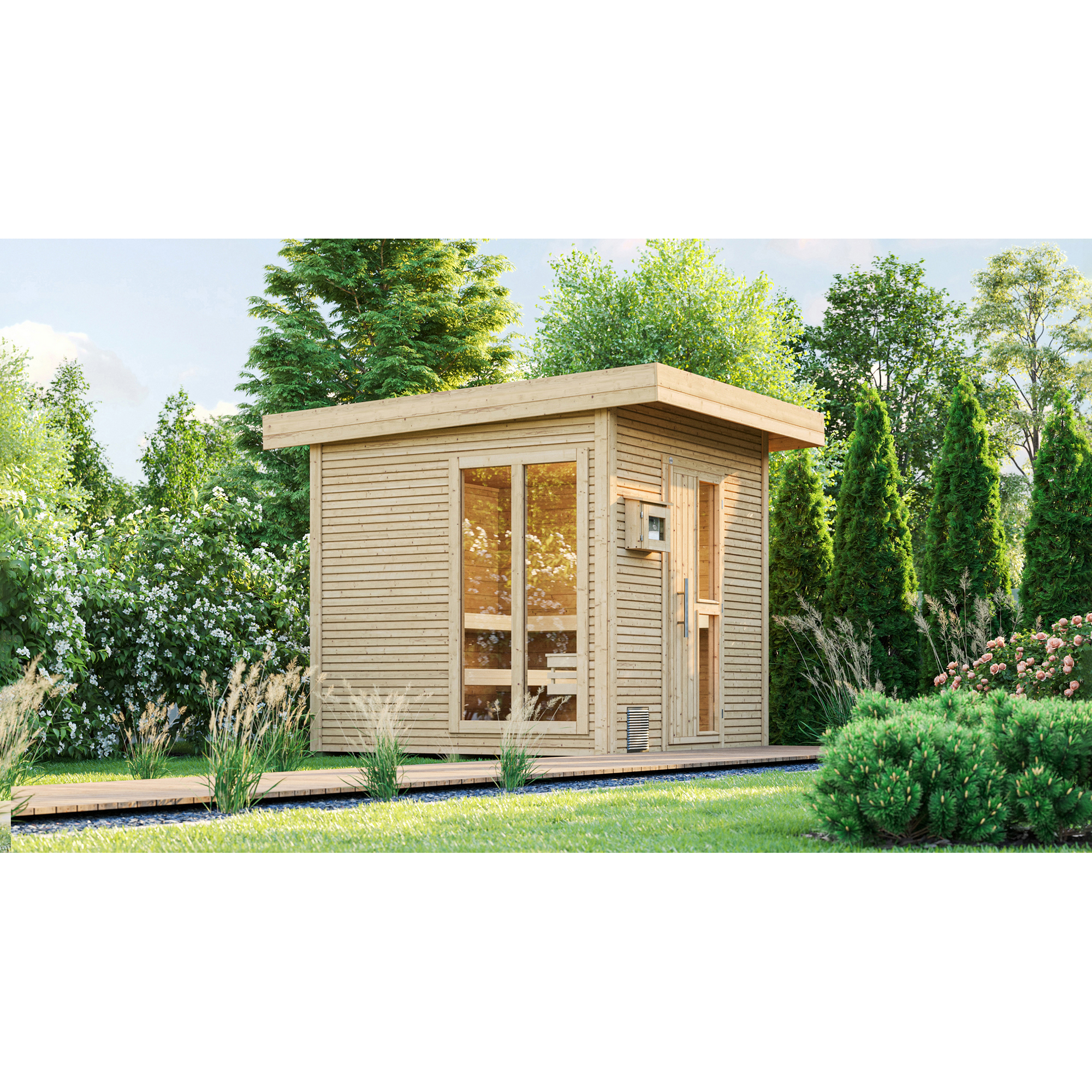 Premium-Saunahaus 'Kuopio 1' natur 9,0 kW OS-Ofen Steuerung Holztür Fenster 263 x 298 x 253 cm