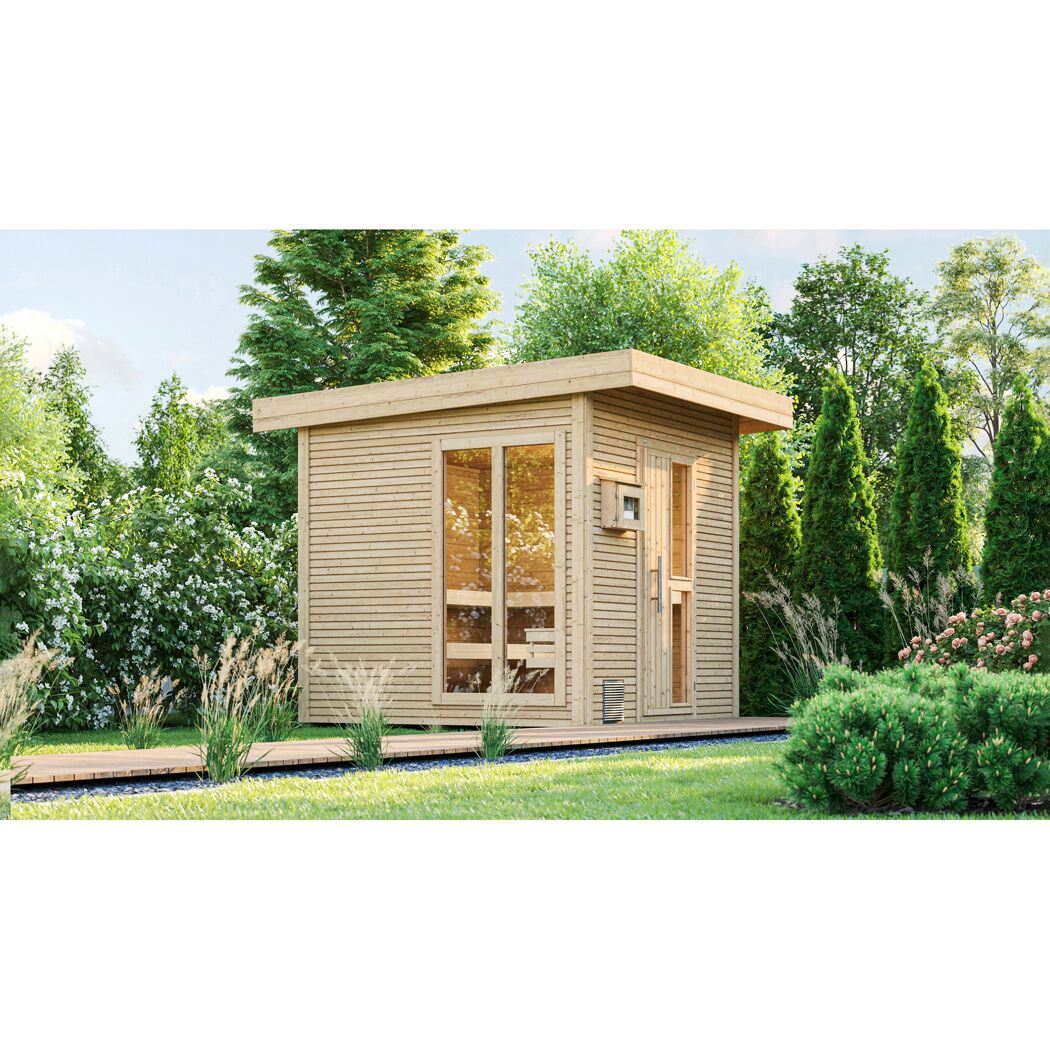 Premium-Saunahaus 'Kuopio 1' natur 9,0 kW BioS-Ofen Steuerung Holztür Fenster 263 x 298 x 253 cm