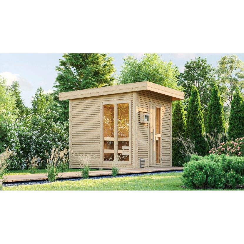 Premium-Saunahaus 'Kuopio 1' natur 9,0 kW BioS-Ofen Steuerung Holztür Fenster 263 x 298 x 253 cm