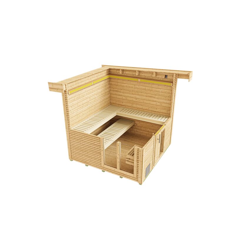 Premium-Saunahaus 'Kuopio 1' natur 9,0 kW BioS-Ofen Steuerung Holztür Fenster 263 x 298 x 253 cm