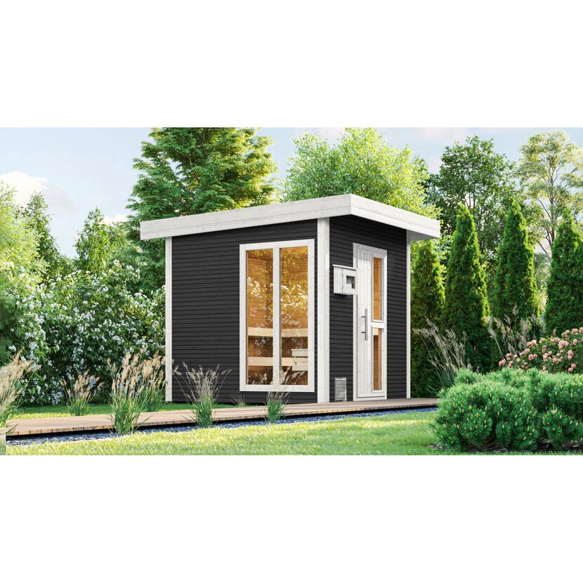 Premium-Saunahaus 'Kuopio 1' anthrazit 9,0 kW BioS-Ofen Steuerung Holztür Fenster 263 x 298 x 253 cm