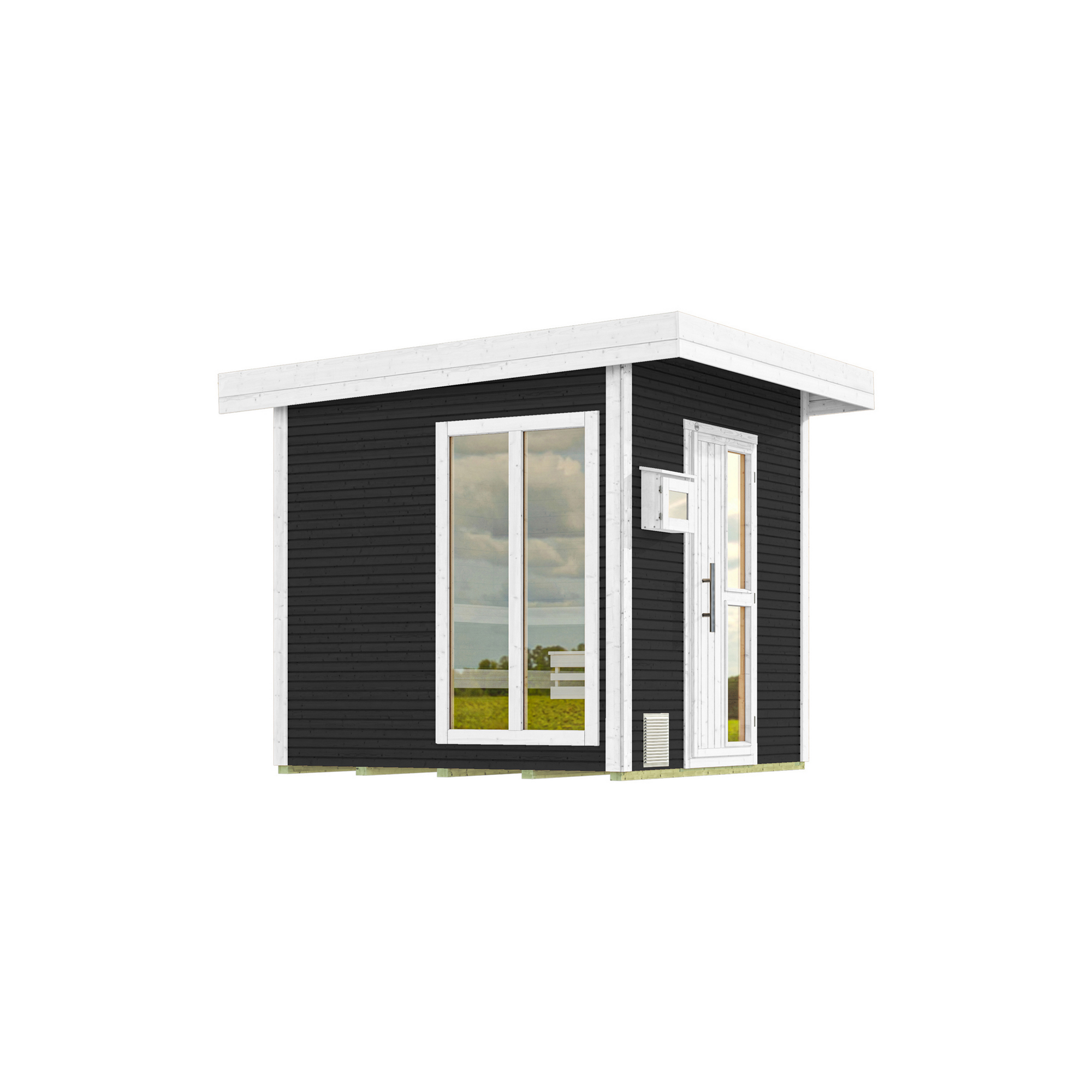 Premium-Saunahaus 'Kuopio 1' anthrazit 9,0 kW BioS-Ofen Steuerung Holztür Fenster 263 x 298 x 253 cm