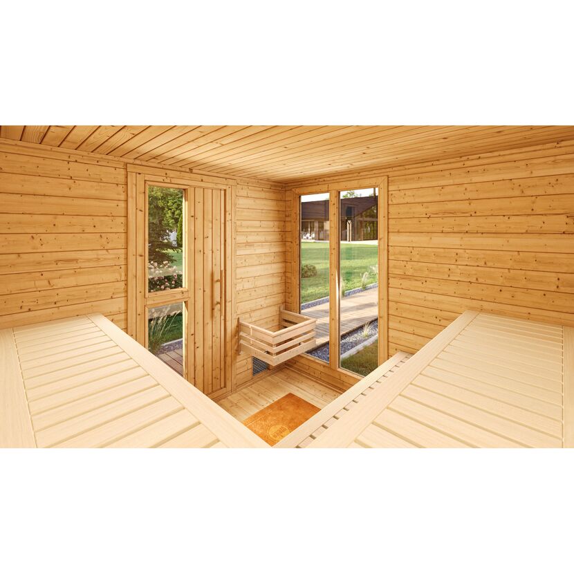 Premium-Saunahaus 'Kuopio 1' anthrazit 9,0 kW BioS-Ofen Steuerung Holztür Fenster 263 x 298 x 253 cm