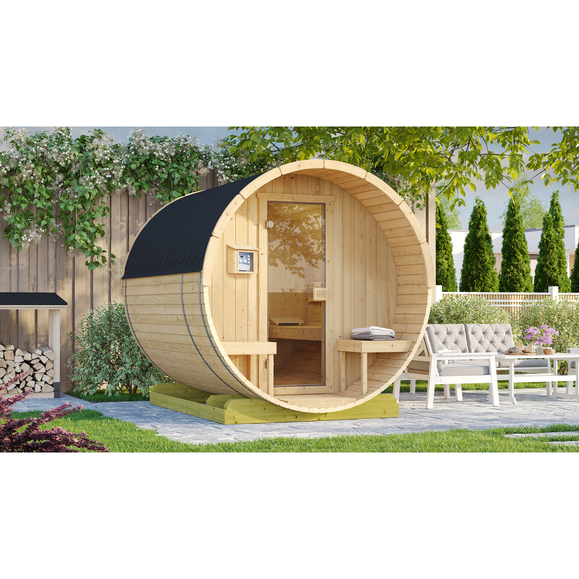 Fasssauna '198 Sparset 2' natur 9,0 kW OS-Ofen Steuerung Glastür 210,5 x 255,5 x 217,5 cm
