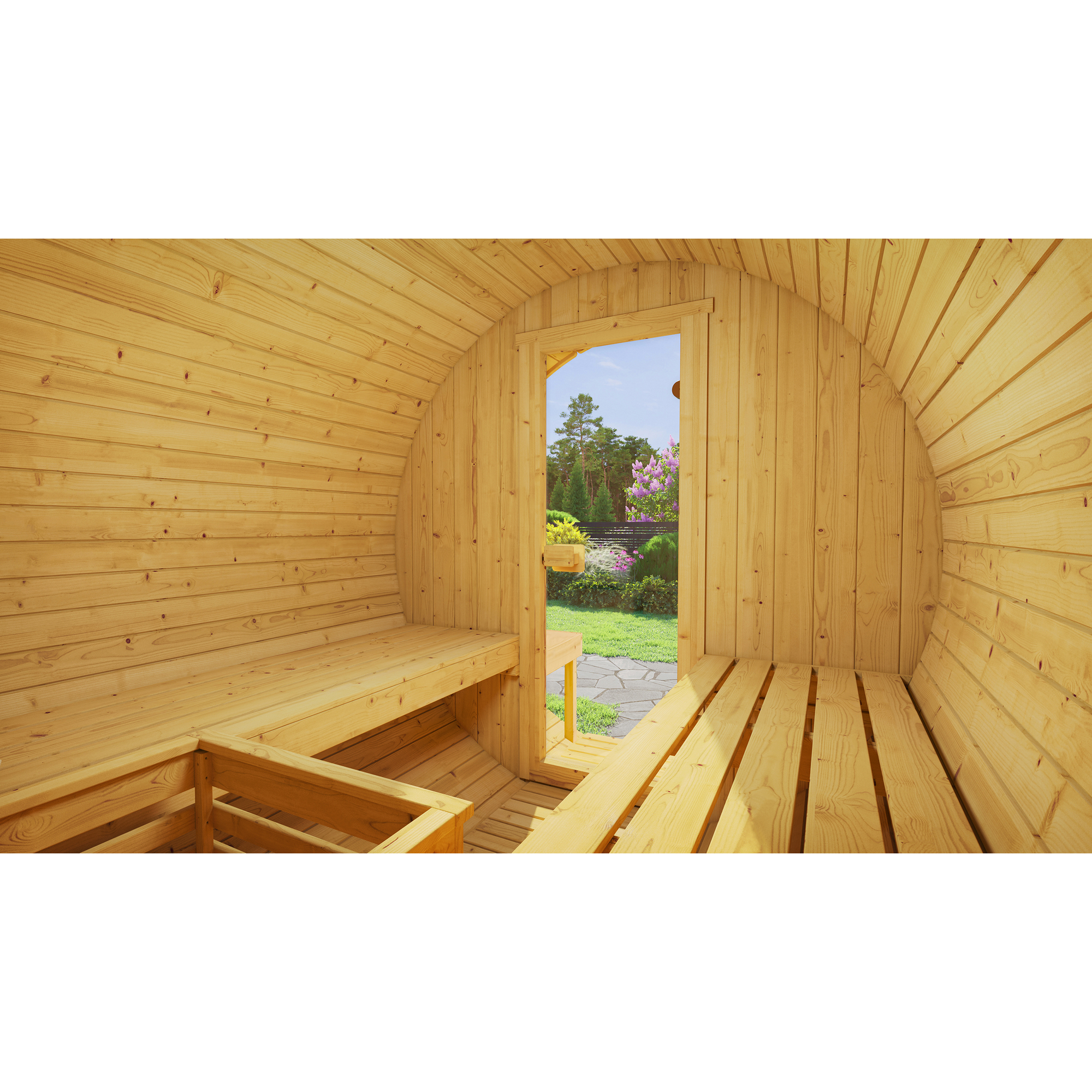 Fasssauna '198 Sparset 2' natur 9,0 kW OS-Ofen Steuerung Glastür 210,5 x 255,5 x 217,5 cm