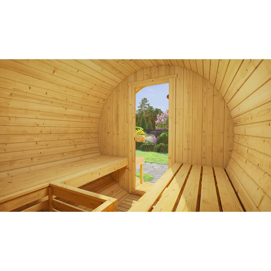 Fasssauna '198 Sparset 2' natur 9,0 kW OS-Ofen Steuerung Glastür 210,5 x 255,5 x 217,5 cm