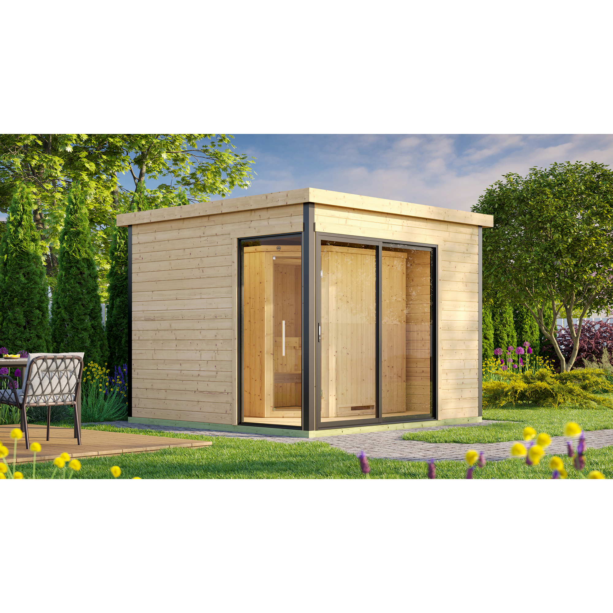 Design-Saunahaus '412' natur mit Sauna Varberg 3, 9 kW-Kompaktofen Steuerung Schiebetür 320 x 320 x 239 cm