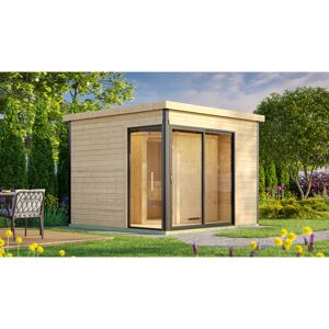 Design-Saunahaus '412' natur mit Sauna Varberg 3, 9 kW-Kompaktofen Steuerung Schiebetür 320 x 320 x 239 cm