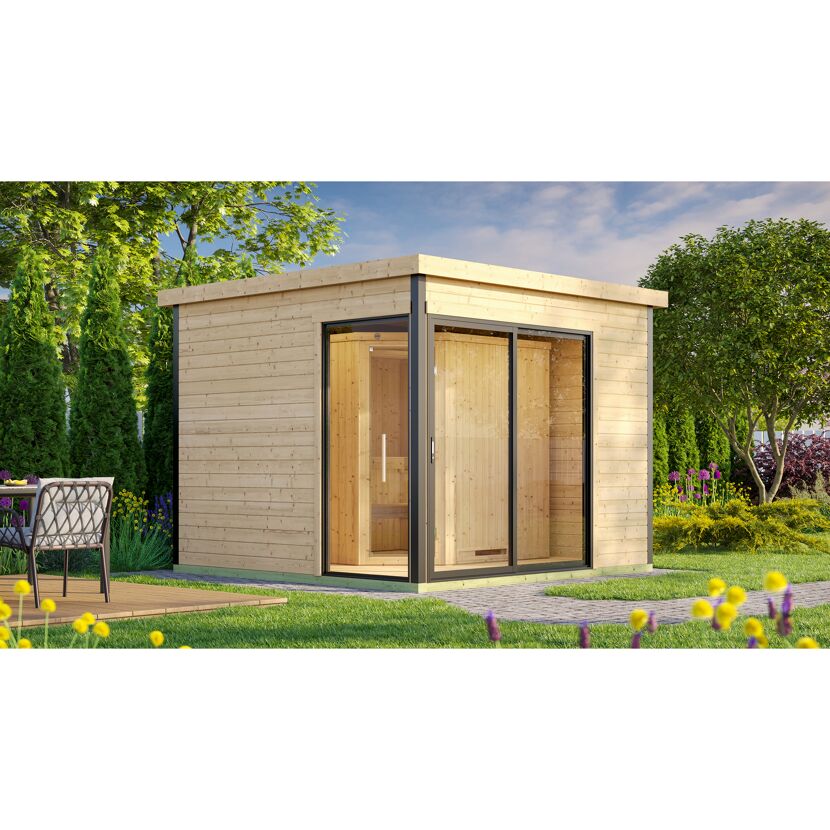 Design-Saunahaus '412' natur mit Sauna Varberg 3, Steuerung 7,5 kW Klassik-Ofen 320 x 320 x 239 cm
