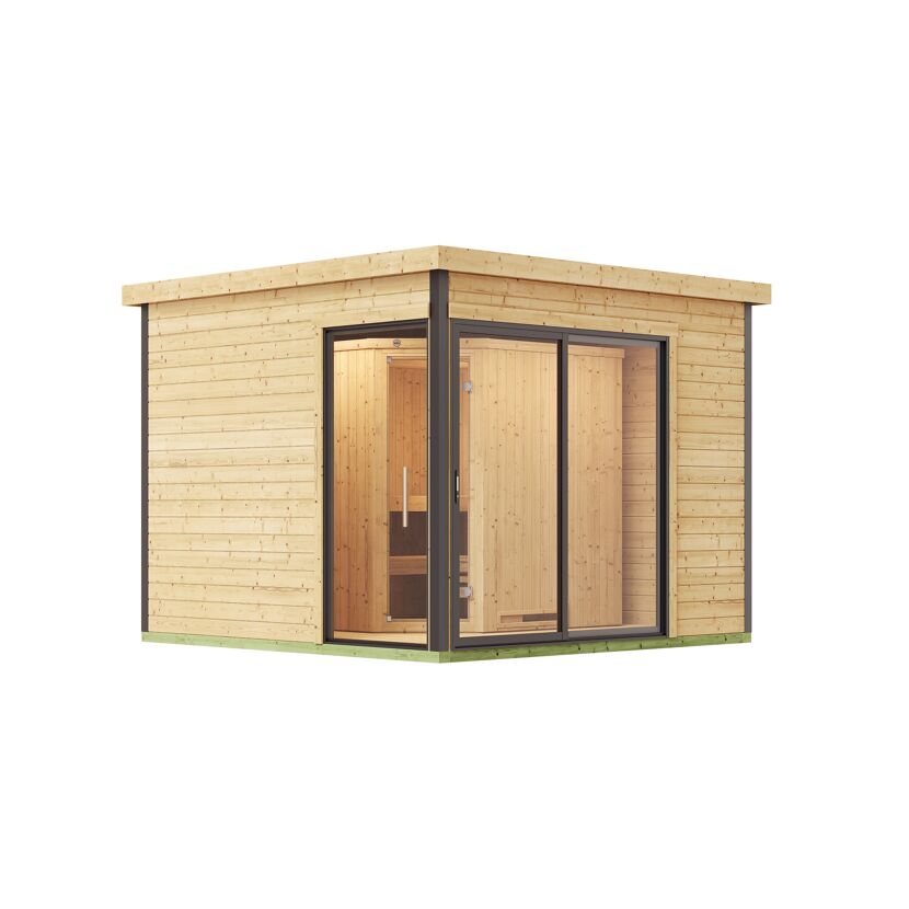 Design-Saunahaus '412' natur mit Sauna Varberg 3, Steuerung 7,5 kW Klassik-Ofen 320 x 320 x 239 cm