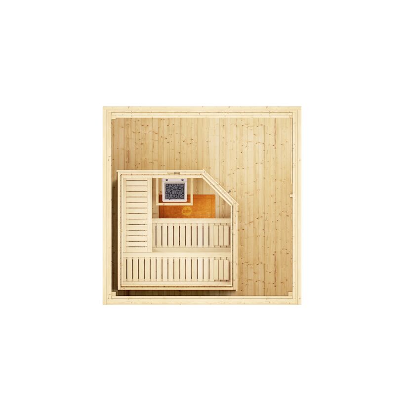 Design-Saunahaus '412' natur mit Sauna Varberg 3, Steuerung 7,5 kW BioS-Ofen 320 x 320 x 239 cm