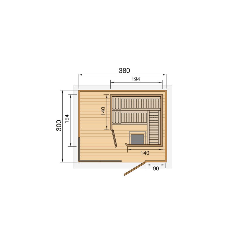 Design-Saunahaus '412' hellgrau mit Sauna Varberg 3, Steuerung 9 kW Kompakt-Ofen 320 x 320 x 239 cm