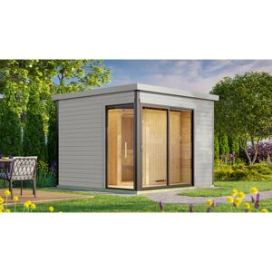 Design-Saunahaus '412' hellgrau mit Sauna Varberg 3, Steuerung 7,5 kW OS-Ofen 320 x 320 x 239 cm
