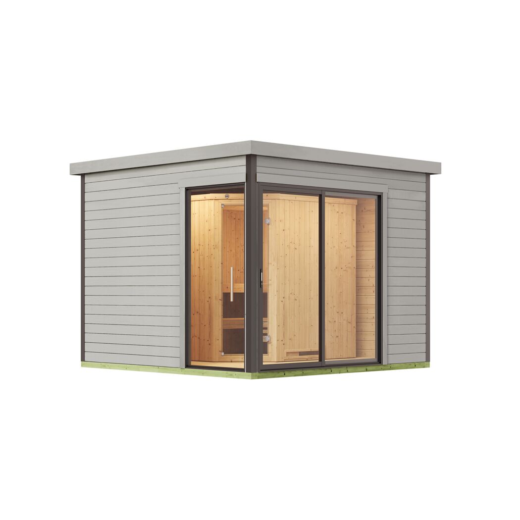 Design-Saunahaus '412' hellgrau mit Sauna Varberg 3, Steuerung 7,5 kW OS-Ofen 320 x 320 x 239 cm