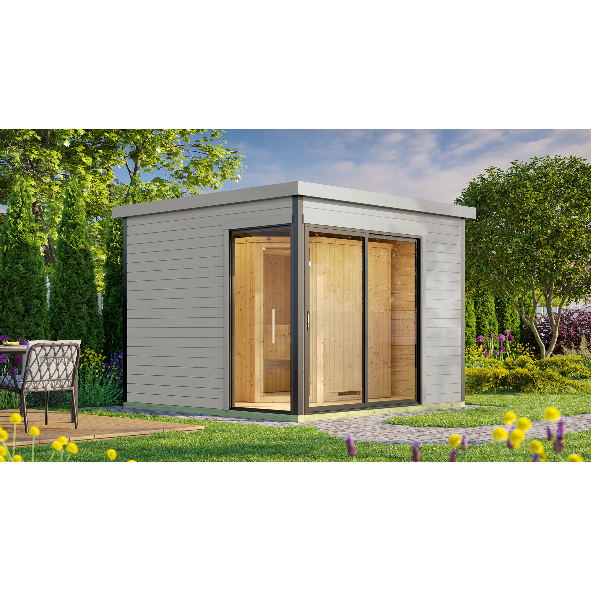 Design-Saunahaus '412' hellgrau mit Sauna Varberg 3, Steuerung 7,5 kW BioS-Ofen 320 x 320 x 239 cm