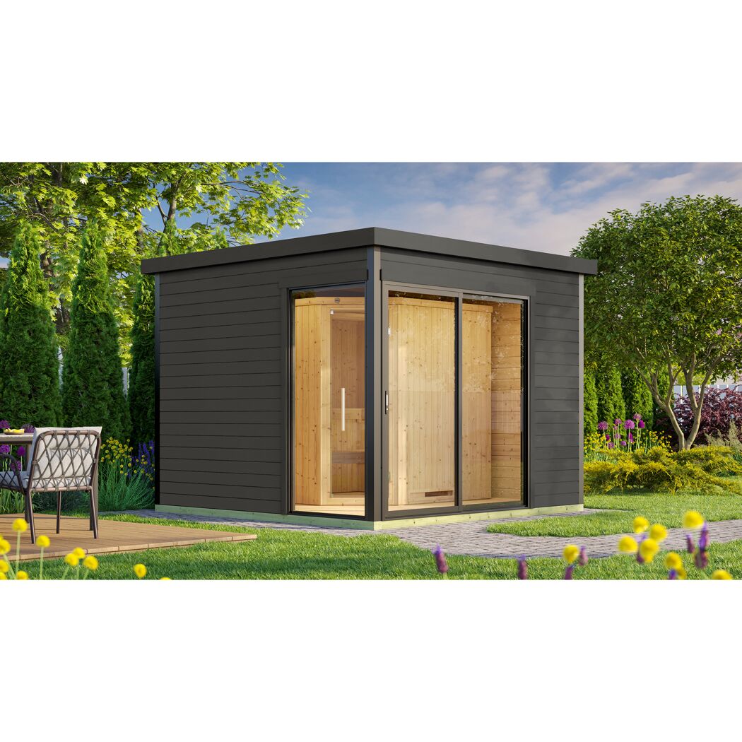 Design-Saunahaus '412' graphitgrau mit Sauna Varberg 3, Steuerung 9,0 kW Kompakt-Ofen 320 x 320 x 239 cm