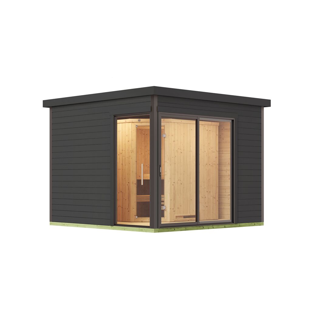 Design-Saunahaus '412' graphitgrau mit Sauna Varberg 3, Steuerung 9,0 kW Kompakt-Ofen 320 x 320 x 239 cm