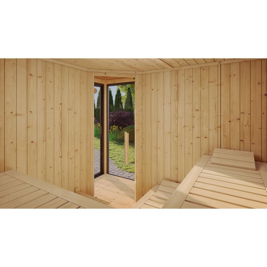 Design-Saunahaus '412' graphitgrau mit Sauna Varberg 3, Steuerung 9,0 kW Kompakt-Ofen 320 x 320 x 239 cm