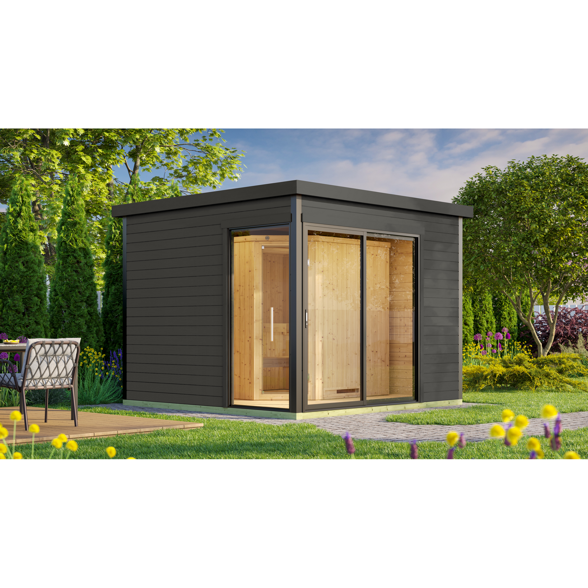 Design-Saunahaus '412' graphitgrau mit Sauna Varberg 3, Steuerung 7,5 kW BioS-Ofen 320 x 320 x 239 cm