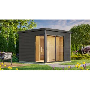 Design-Saunahaus '412' graphitgrau mit Sauna Varberg 3, Steuerung 7,5 kW BioS-Ofen 320 x 320 x 239 cm