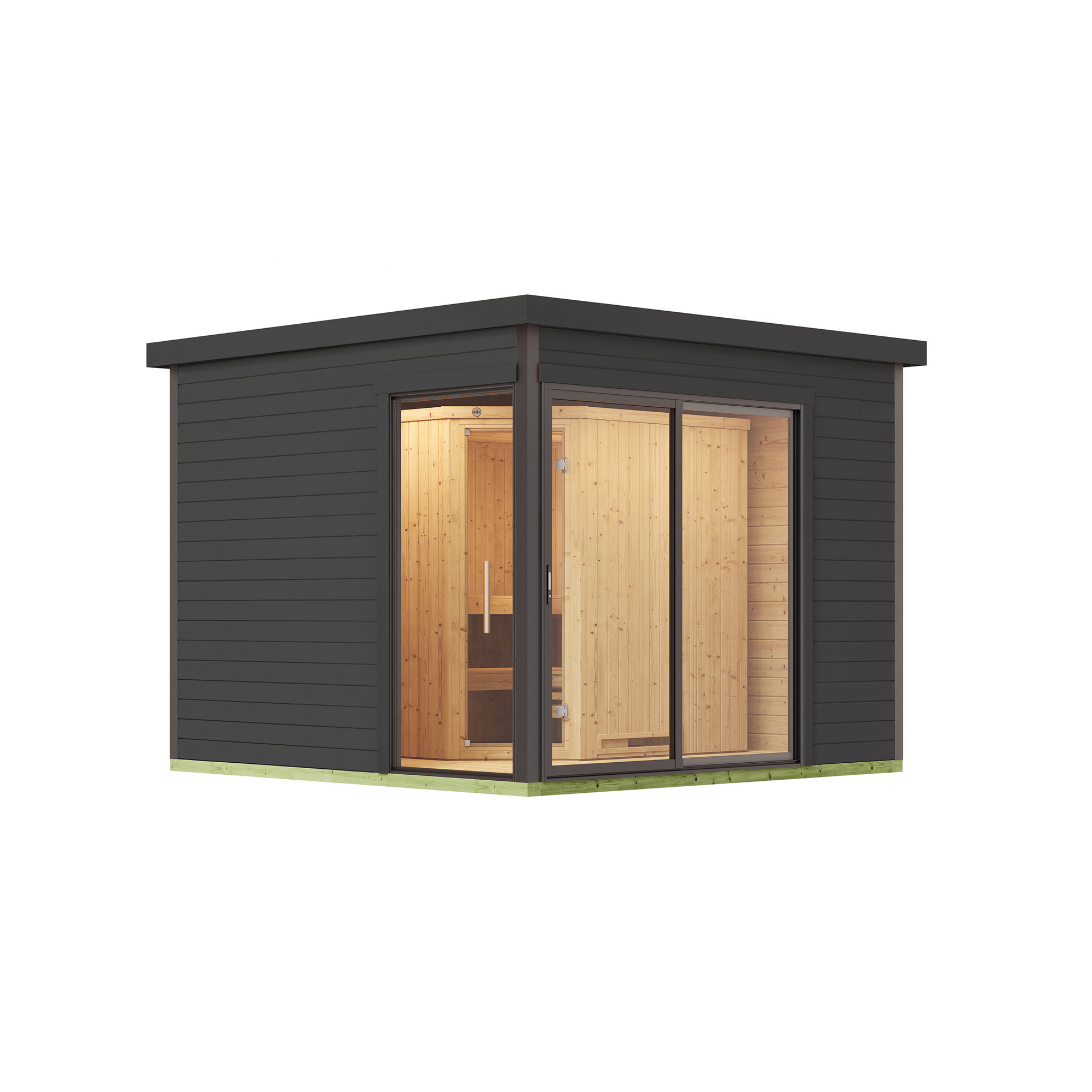 Design-Saunahaus '412' graphitgrau mit Sauna Varberg 3, Steuerung 7,5 kW BioS-Ofen 320 x 320 x 239 cm