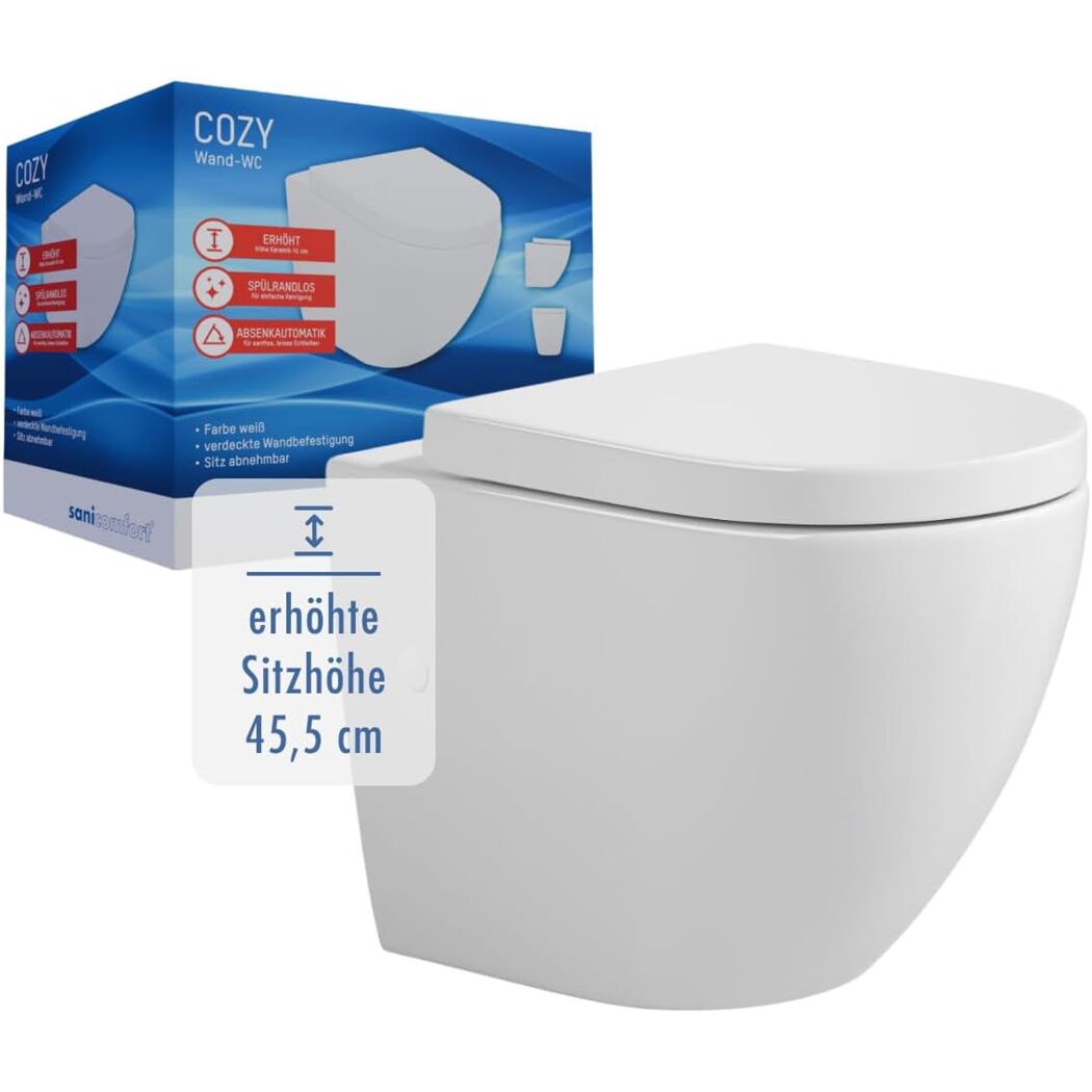 Wand-WC-Set erhöht spülrandlos 'Cozy' inklusive WC-Sitz weiß