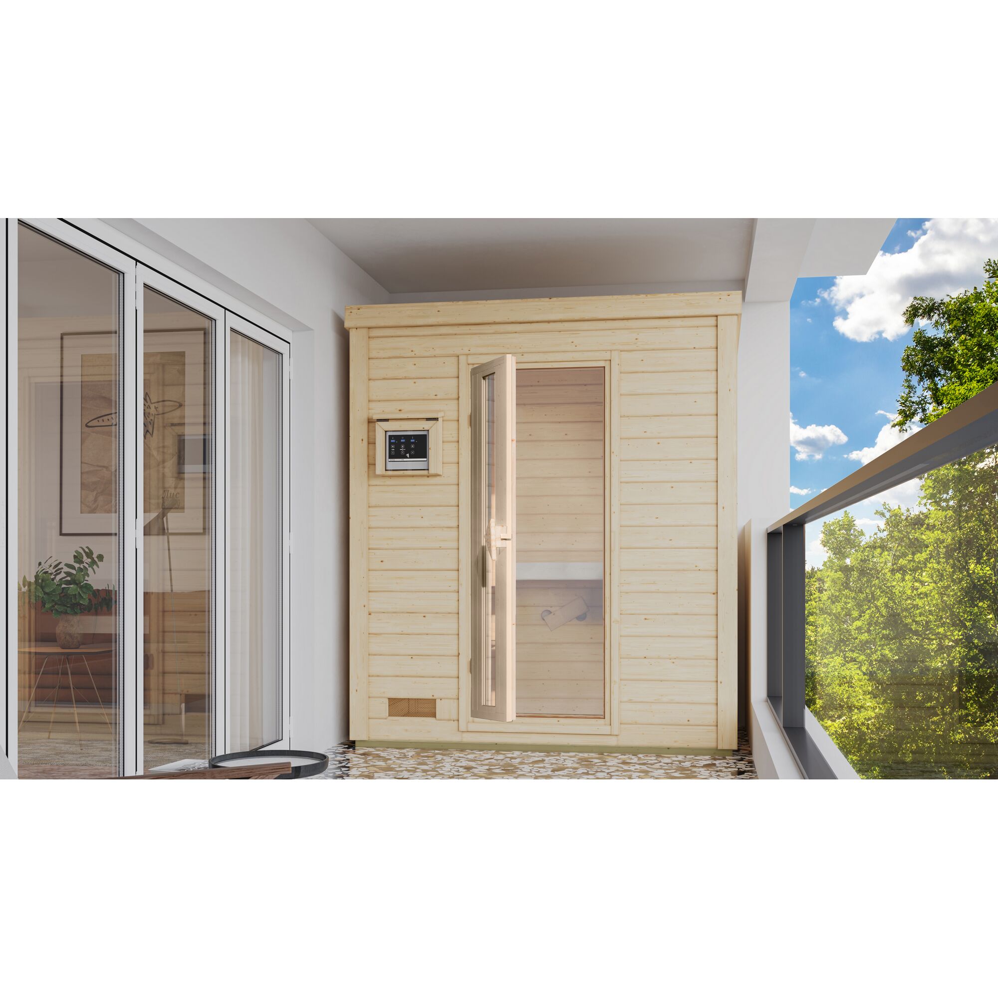 Außenbereich Sauna aus hellem Holz