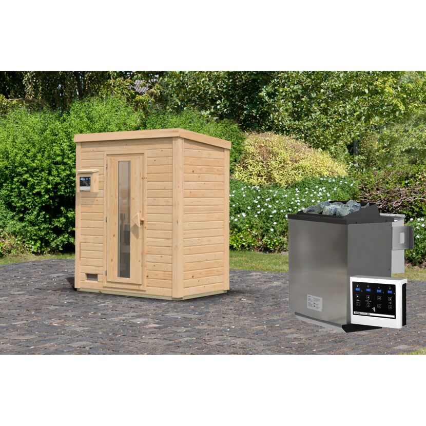 Saunahaus aus Holz mit Saunaofen