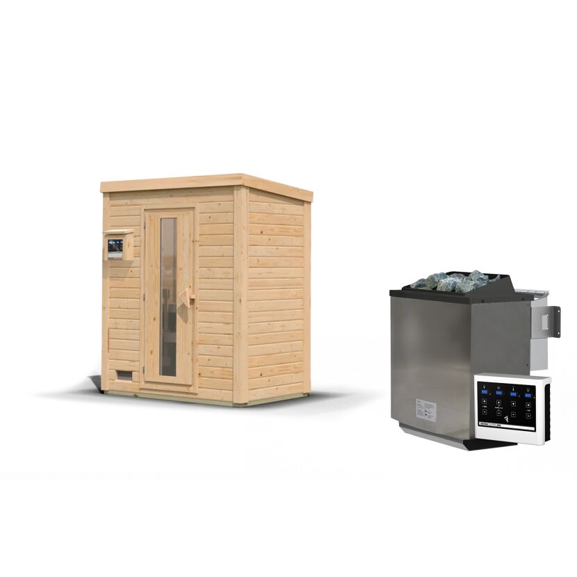 Außenansicht einer Sauna mit Saunaofen