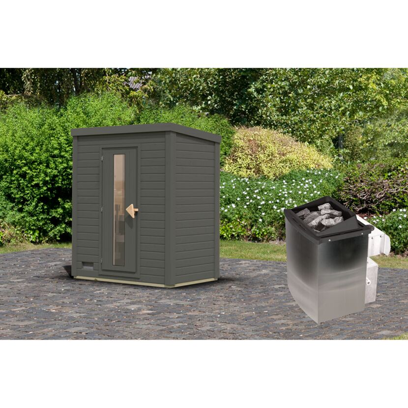 Graue Gartensauna mit Ofen
