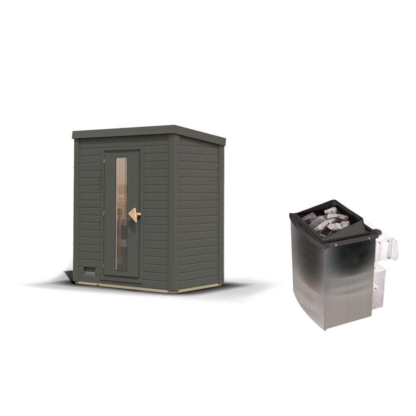 Graue Gartensauna mit Saunaofen
