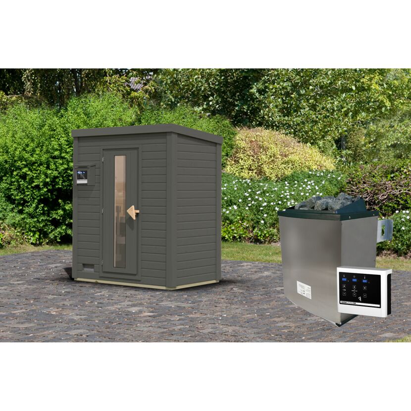 Graue Gartensauna mit Saunaofen