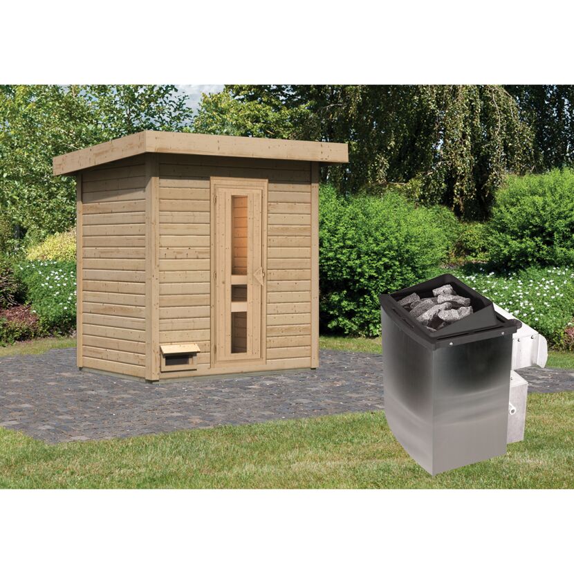 Sauna aus Holz mit Saunaofen