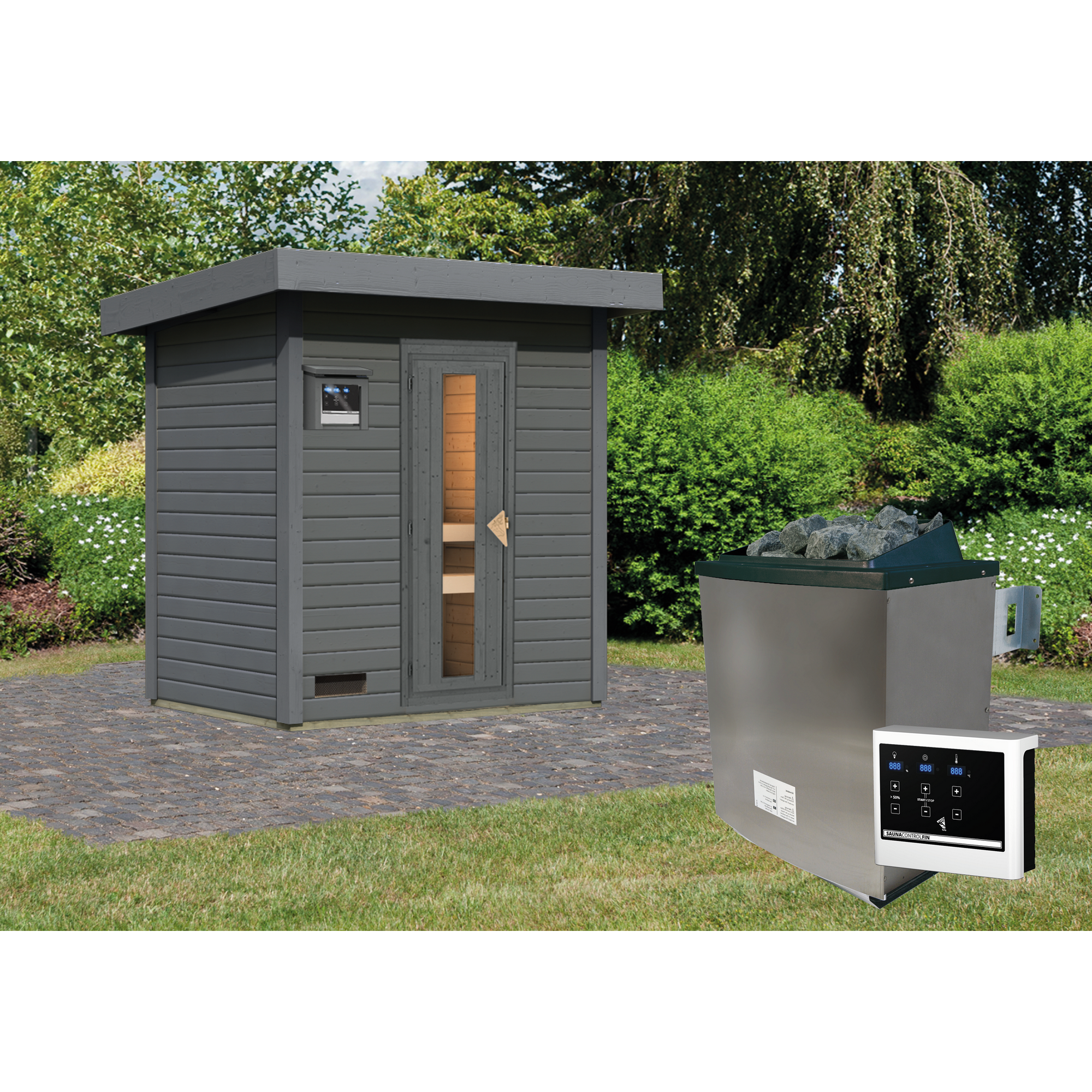 Graue Gartensauna mit Saunaofen