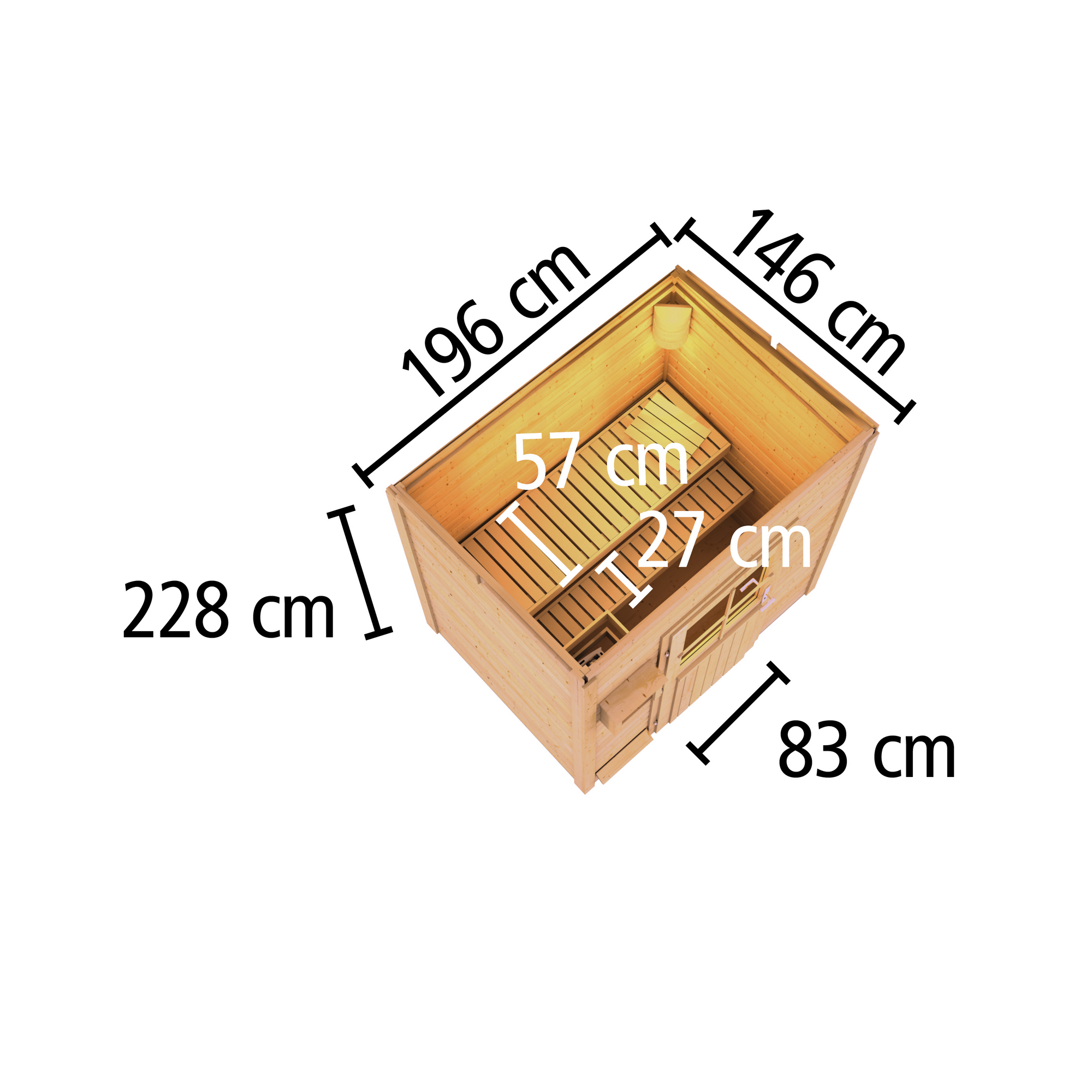 Sauna aus Holz mit Maßangaben