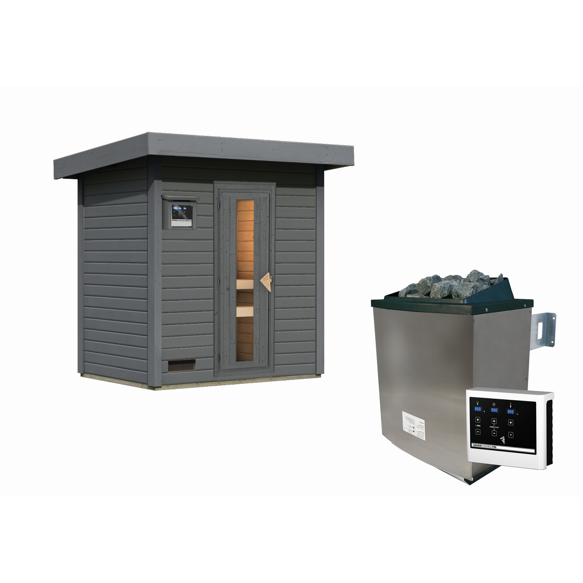 Graue Gartensauna aus Holz und Saunaofen