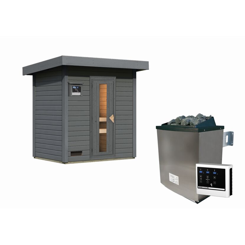 Graue Gartensauna aus Holz und Saunaofen