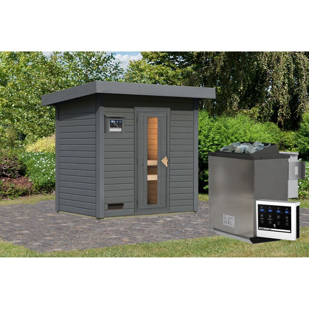 Saunahaus 'Bosco 1' terragrau 9 kW Bio-Ofen externe Steuerung 196 x 146 x 228 cm