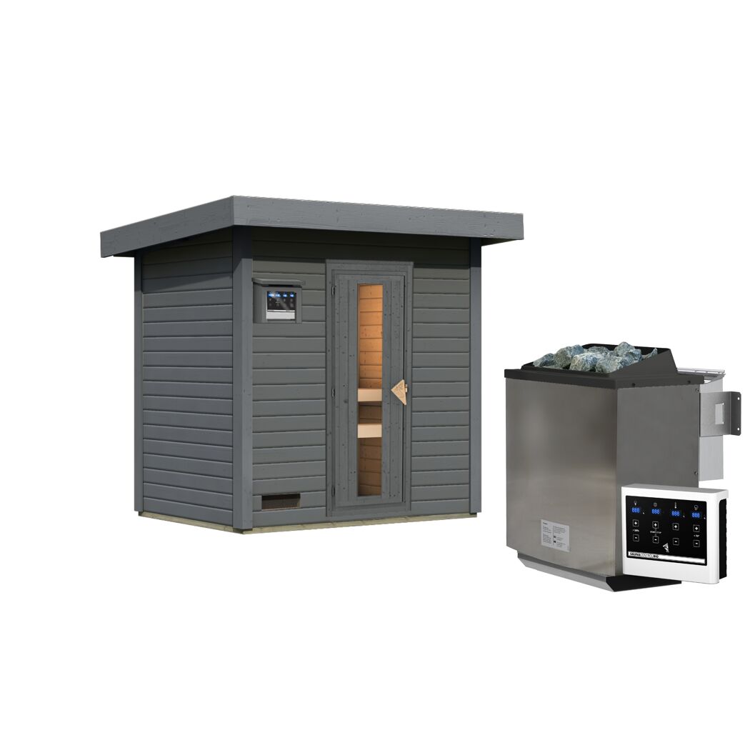 Saunahaus 'Bosco 1' terragrau 9 kW Bio-Ofen externe Steuerung 196 x 146 x 228 cm