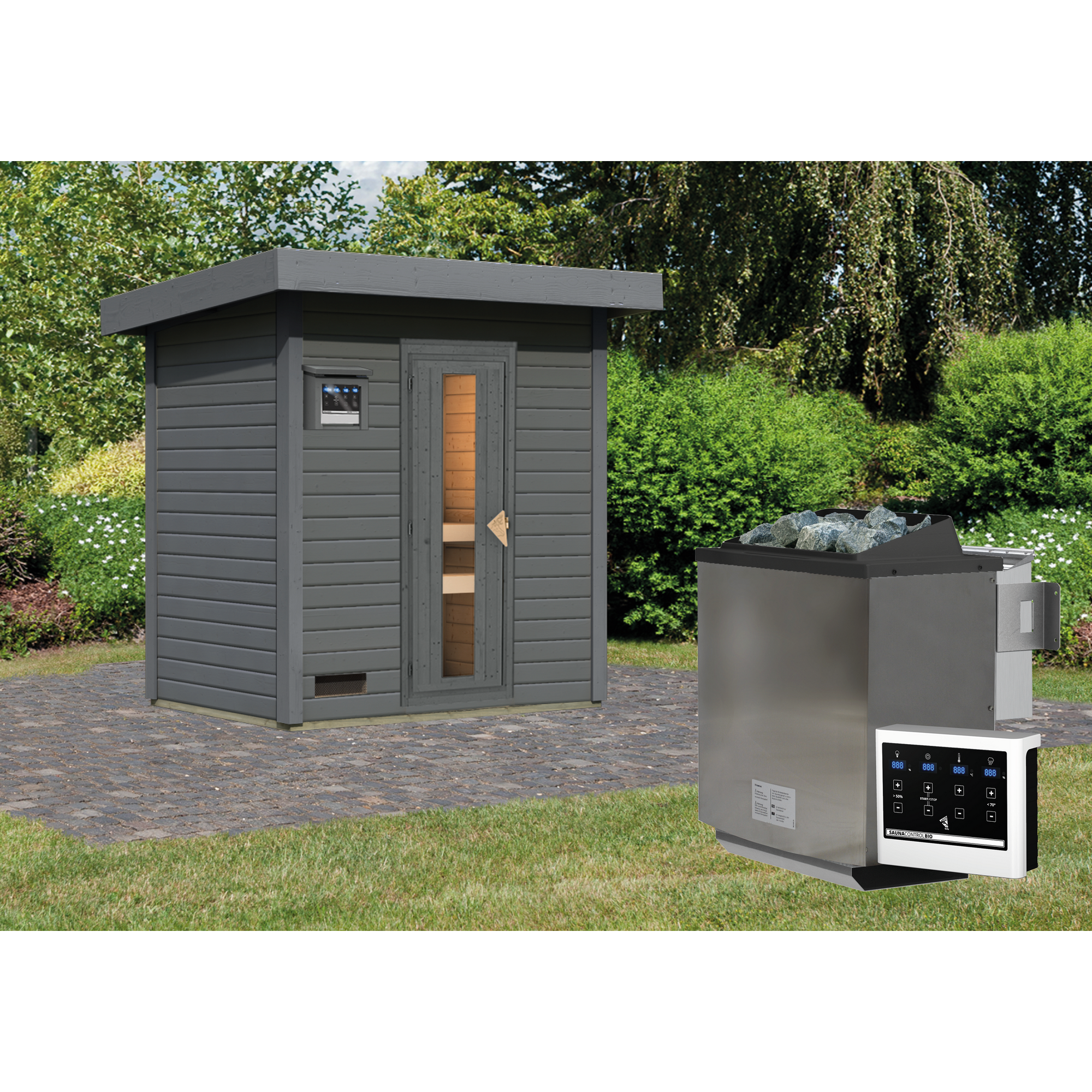 Saunahaus 'Bosco 1' terragrau 9 kW Bio-Ofen externe Steuerung 196 x 146 x 228 cm + product picture